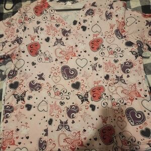 Stylish Pink and Purple Heart Print Women's Scrub Top